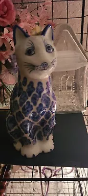 Ceramic Cat Statue 8  Tall Hand Painted Blue & White Floral Thailand • $10