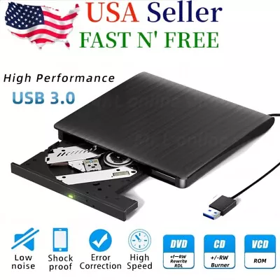 Slim External CD DVD RW Drive USB 3.0 Writer Burner Player Black Laptop PC MAC • $17.08