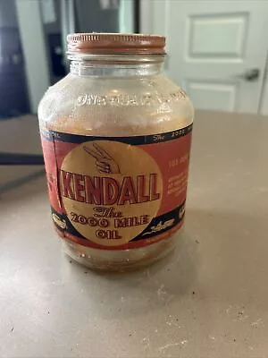 Vintage Kendall The 2000 Mile Oil 1 Quart SAE 10 & 10W Glass Oil Jar W/ Residual • $29.99