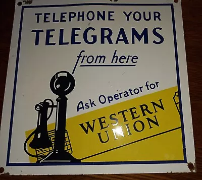 Vintage Metal Sign 14 X14   Telephone Your Telegrams Here  Western Union  • $100