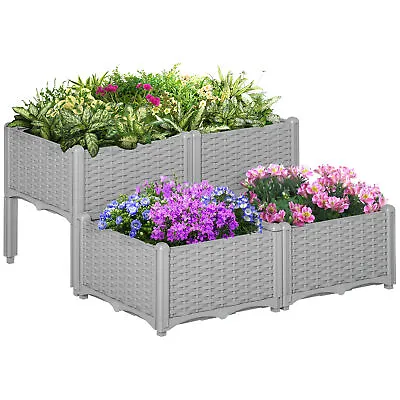 Outsunny 4-pieces Elevated Flower Bed Vegetable Herb Planter Plastic Grey • £52.99