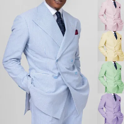 Blue Seersucker Men's Suit Peak Lapel Double Breasted Leisure Tuxedos 2 Pieces • $91.11