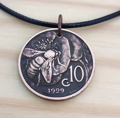 Honey Bee On Flower Coin Pendant Vintage Italy Bee Coin Necklace - (1920-1937) • $22