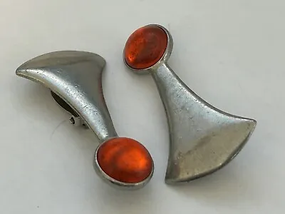 $25 • Buy Vintage Ben Amun Modernist Earrings Clip On Chunky Aluminum With Orange Glass