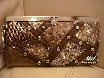 New Wt Women's Taupe Gold  Sequin Silver Leather Wallet Lock Brown Rhinestones • $26