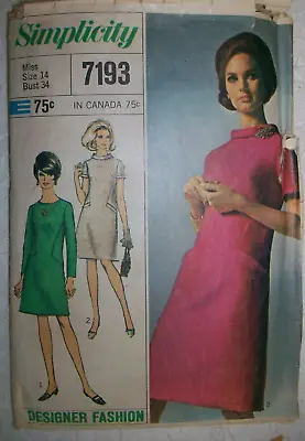 Designer Simplicity Vintage 60s Sewing Pattern 7193 MOD Rolled Collar Dress 14 • $5