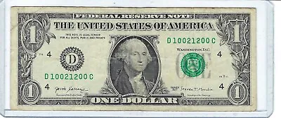 $1 Fancy One Dollar Note Bill Serial TRINARY 4 Of A Kind 0s Low Sum 6 D10021200C • $10