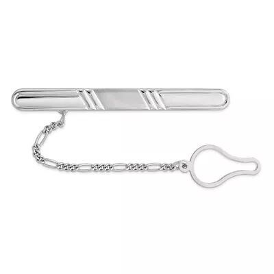 Rhodium Plated Sterling Silver Grooved With Button Chain Long Tie Bar • $114.98