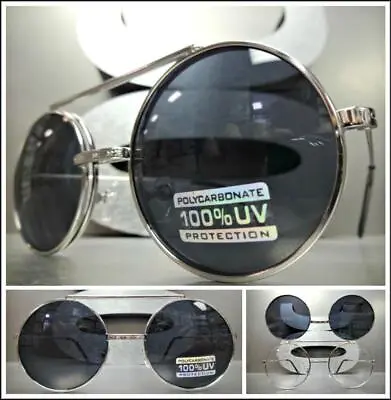 Classic Vintage 60s Retro Style Round Flip Up SUN GLASSES Silver Frame Dark Lens • $19.99