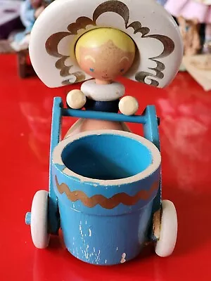 Vintage Hand Painted 3.5” T Wooden Girl With Cart Toothpick Holder JAPAN  • $9.97