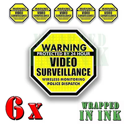 Video Surveillance Security Stickers Decals Warning 24 Hour YELLOW 6pack Octagon • $4.99