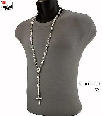 Men's Hip Hop 8mm CLEAR Bead Rh Plated Rosary Pray Hand Jesus Cross Necklace SCL • $9.99