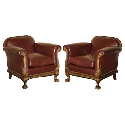 Antique Victorian Pair Of Claw & Ball Feet Brown Leather Walnut Club Armchairs • £7000