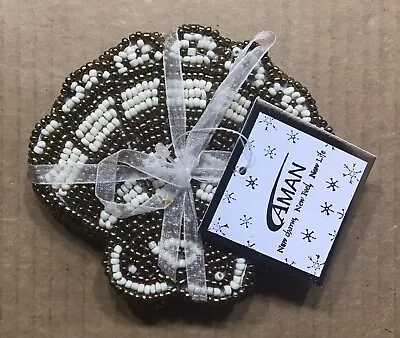 $8.95 • Buy Aman Elegant Beaded Sea Shell White & Gold Drink Coasters ~ Set Of 4 ~ NWT