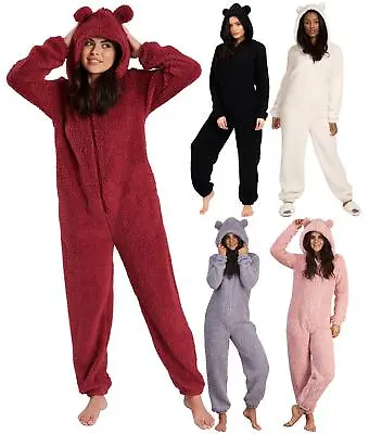 £29.99 • Buy Sherpa Teddy 1Onesie Ladies Hooded Fleece Bear All In One Zip Nightwear Jumpsuit