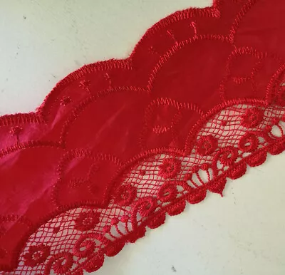 5 Yards 4  Wide Satin Red Lace With Embroidered Rayon Venise Red Flower B0210 • $12.99