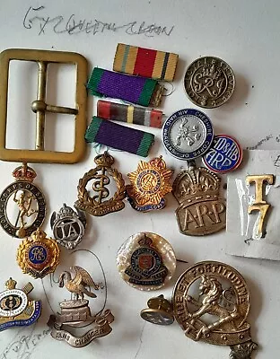 Joblot Of Military Items Inc. Cap/collar/lapel Badges  Medal Ribbons Brass... • £31