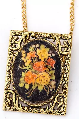 Vintage Textured Floral Pendant / Brooch 20-30  Gold Tone Multistrand Necklace • $8.49