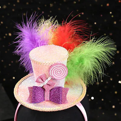 Women Girls Sequined Mini Top Hat Headband With Feather Lolipop Bow Decorative • $7.46