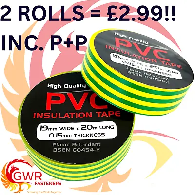 2 X 20m Rolls Of High Quality PVC Electricians Electrical Insulation Tape EARTH • £2.99