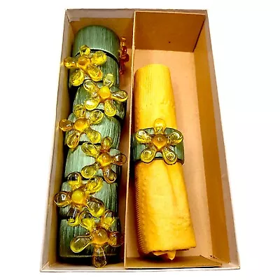 Vintage 1970s Napkin Rings Flowers Yellow Lucite & Green Set Of 6 New Boho Chic • $19.55