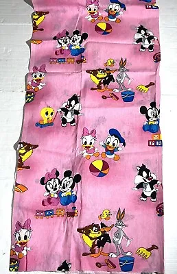 NEW VTG Baby Disney Mickey Mouse Looney Tunes Toys Pink Fabric 2+ Yards Unwashed • $91.95