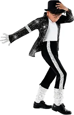 Boys King Of The Pop Costume Kids 80s Moonwalking Popstar MJ Black Outfit • $28.95