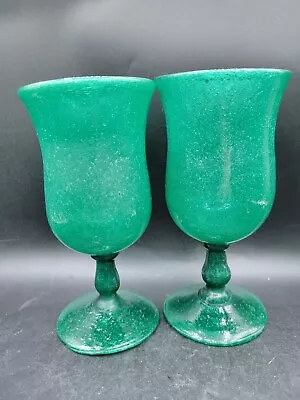 2 MCM Sequso Green Murano Pulegoso Goblet Art Wine Glass Primative Italy  • $50