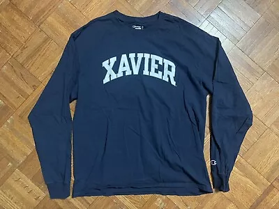 Vtg Xavier University Champion Long Sleeve Tshirt Football Sz Large Navy • $23.79