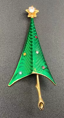 Vtg Cerrito Christmas Tree Rhinestone Pin Brooch Modern Green Metallic Enamel • $19.99