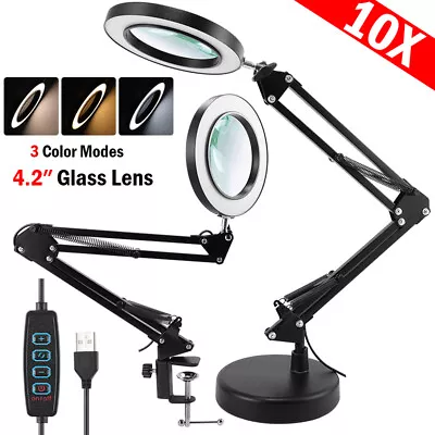 10X Magnifying Glass W/Light &Stand3 Color DimmingGlass Lens&Swing Arm Desktop • $42.35