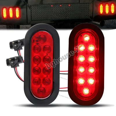 2 Red 6  Oval Trailer Lights 10 LED Stop Turn Tail Truck Sealed Grommet Plug DOT • $15.92