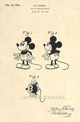 Official Mickey Mouse 1930 US Patent Art Print - Vintage Walt Disney -Antique 49 • $12.77