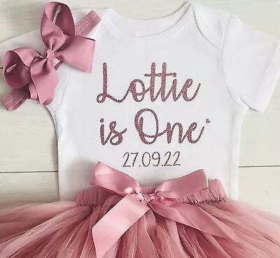 Baby Girls Personalised First 1st Birthday Outfit Cake Smash Set Tutu Skirt Bow • £9.79