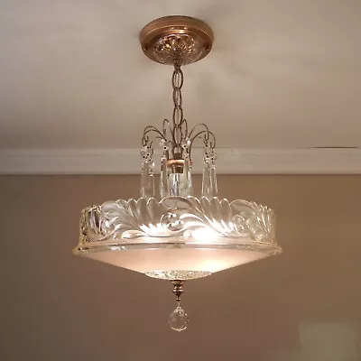 Vintage Chandelier 1930s Fleur De Lis Glass Solid Brass Ceiling Light Fixture • $395