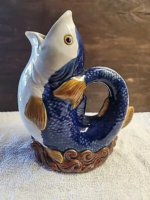 Vintage Wanjiang Fish Pitcher Nouveau Majolica Style CBK 1991 China Blue & White • $19.99