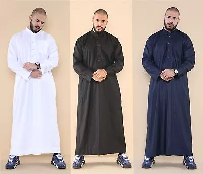 Mens Thobe Jubba Nehru Stand Collar Islamic Clothing Cotton Kaftan Robe Saudi • $43.57