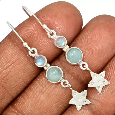 Star - Natural Aquamarine Rough & Moonstone 925 Silver Earrings UY14 CE27959 • $12.99