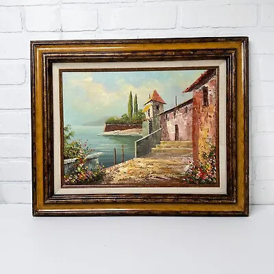 VTG Original Painting By Artist Rossini Mediterranean Villa Italy Seascape MCM • $179.87