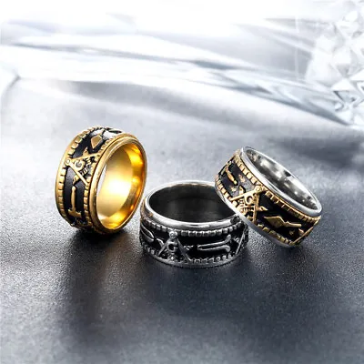 Man Stainless Steel Gold Plated Masonic Freemason Band Ring Rotatable Spin • $11.99