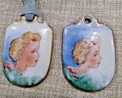 2 Lg Victorian Hand Painted Porcelain Pendant Reiber Bavaria Germany Estate Lot • $64.50