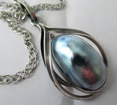 STERLING PENDANT NECKLACE W MABE PEARL 12 1/4 INCHES 16 INCHES SIGNED • $86.50