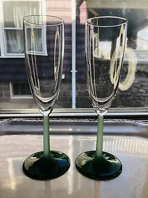 1990's Villeroy Boch Donau Green Champagne Flute Frosted Stem Barware Set-2 • $39.99