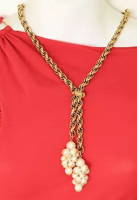 Vintage Lariat Necklace - Multiring Gold Tone Chain Faux Pearls • $18.99