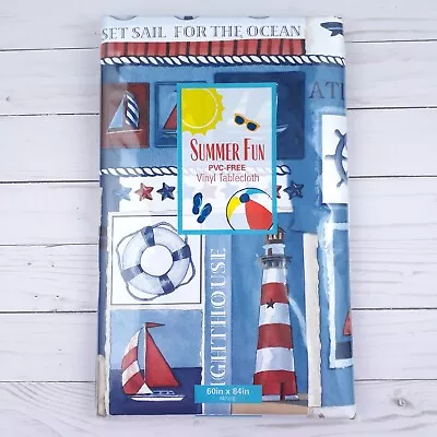 Vinyl Tablecloth 60x84 Nautical Lighthouse Sailboat Lake Camping Picnic Party • $12.99