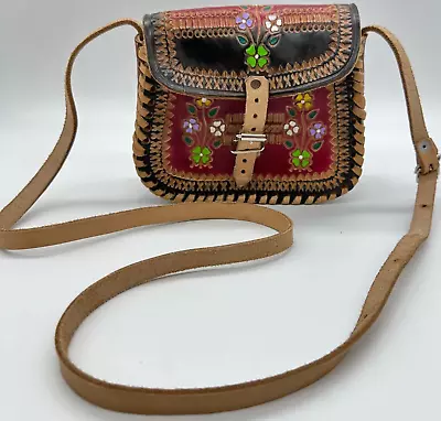 Vintage Small Tooled Leather Floral Print Crossbody Bag Purse Red Fold Over Flap • $42.49