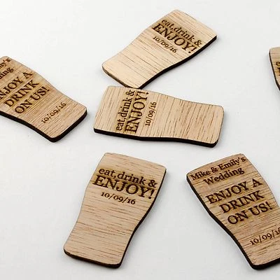 £11.99 • Buy Wooden Drink Tokens. Personalised Pint Glass. Free Rustic Wedding Guest Favours 