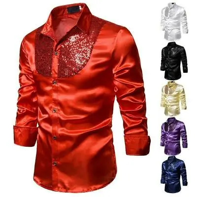 Mens Western Style Tops Long Sleeve Sequined Stage Nightclub Glitter Shirt Party • $36.79