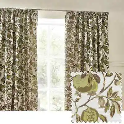 Jacquard Pencil Pleat Curtains Green Botanical Pomegranate Fully Lined Pair • £93.09