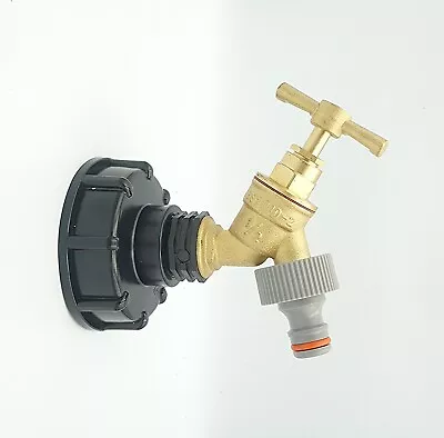 IBC CAP (S60X6) To Brass Bib Tap & 1/2  Snap On Garden Hose Connector • £12.99